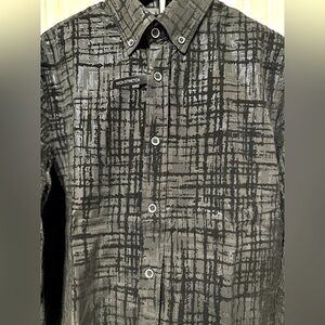 Fried Denim Black metallic pattern button up long sleeve shirt.